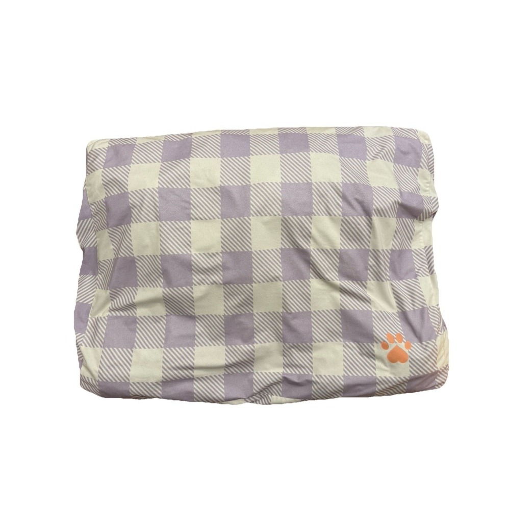 Medium Dog Cat Pet Bed Mat Cozy Soft Plush Gingham Paw Print Lavender White